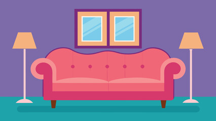 Cozy living room scene with a pink sofa two lamps and a framed picture