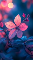 Glowing Leaves with Pink and Blue Lighting Close Up