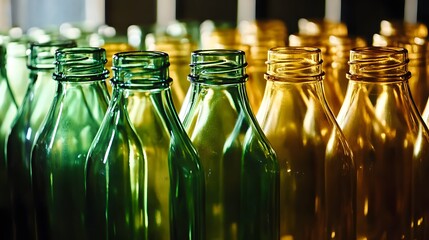 Close-up of Green and Amber Glass Bottles Rows