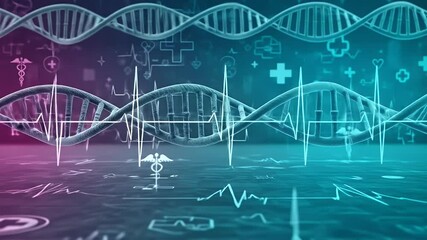 Digital DNA strands and medical icons with heartbeat lines and futuristic technology visual - Powered by Adobe