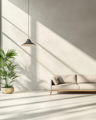 Soft light casts shadows on a minimalist living room with a modern couch and decorative plant