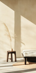 Minimalist bedroom design featuring a cozy bed, simple stool, and decorative plant in natural light