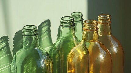Closeup of Green and Amber Glass Bottles in Sunlight