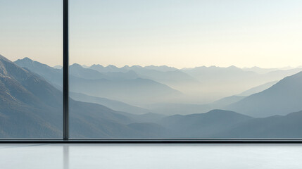 Serene mountain landscape viewed through a large glass window during early morning light