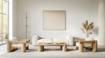 Modern living room design with natural accents and minimalist decor in a serene setting