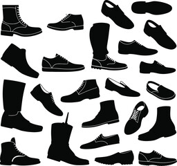 Silhouettes of various men's shoes, boots, dress shoes, casual footwear, outlined vector collection, isolated black icons, white background, fashion design