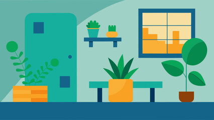 Cozy minimalist interior with plants and a window view of abstract buildings