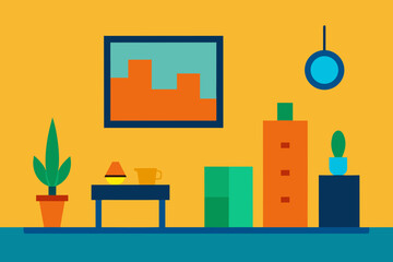 Modern minimalist interior scene with abstract art and potted plants