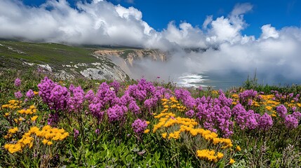 Vibrant Coastal Wildflowers Blooming Cliffs Ocean View