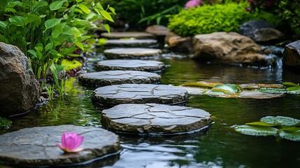 Stone Stepping Path Through Water Garden Pond with Lily Pad and Pink Bloom