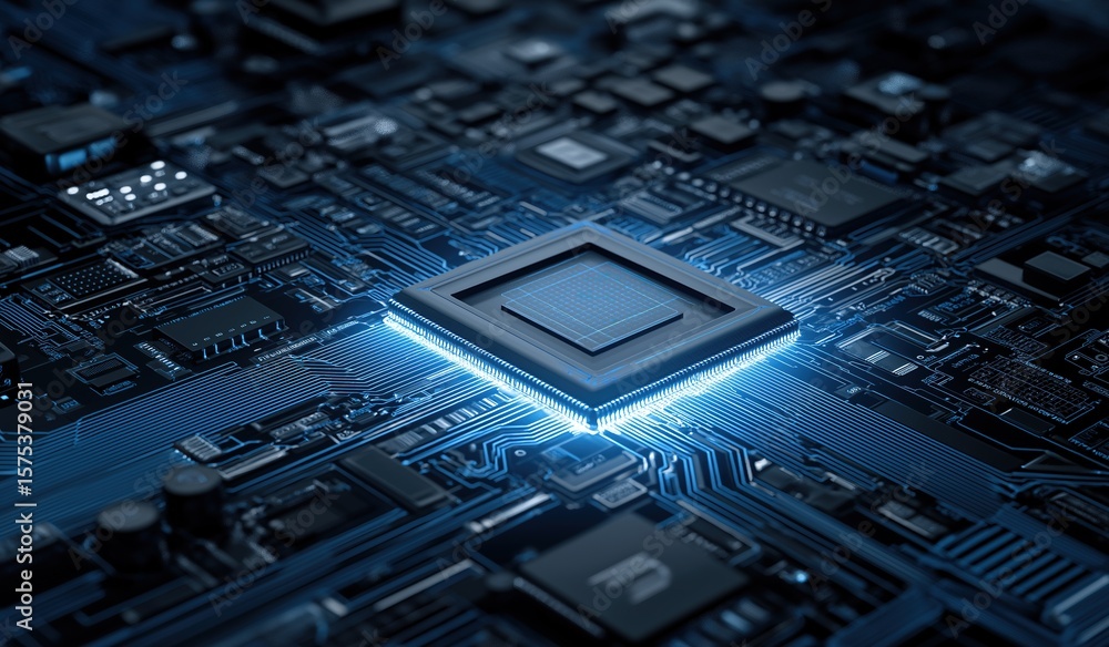 Poster advanced microchip glowing with vibrant blue light on intricate circuit board, showcasing high-tech 