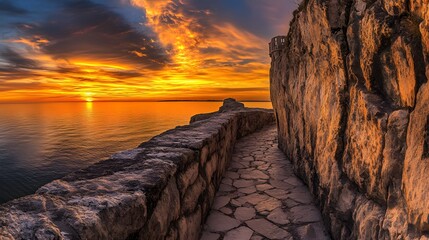 Stunning Sunset over Ocean Coastal Path, Stone Wall, Dramatic Sky