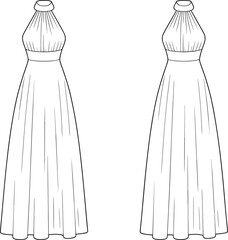 Technical flat sketch of long halter neck evening dress, vector front and back view, elegant fashion design cad drawing