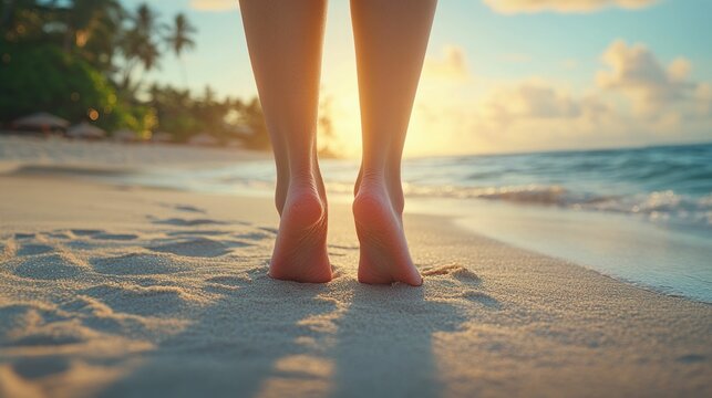 Bare feet on golden sand beach at sunset - Powered by Adobe