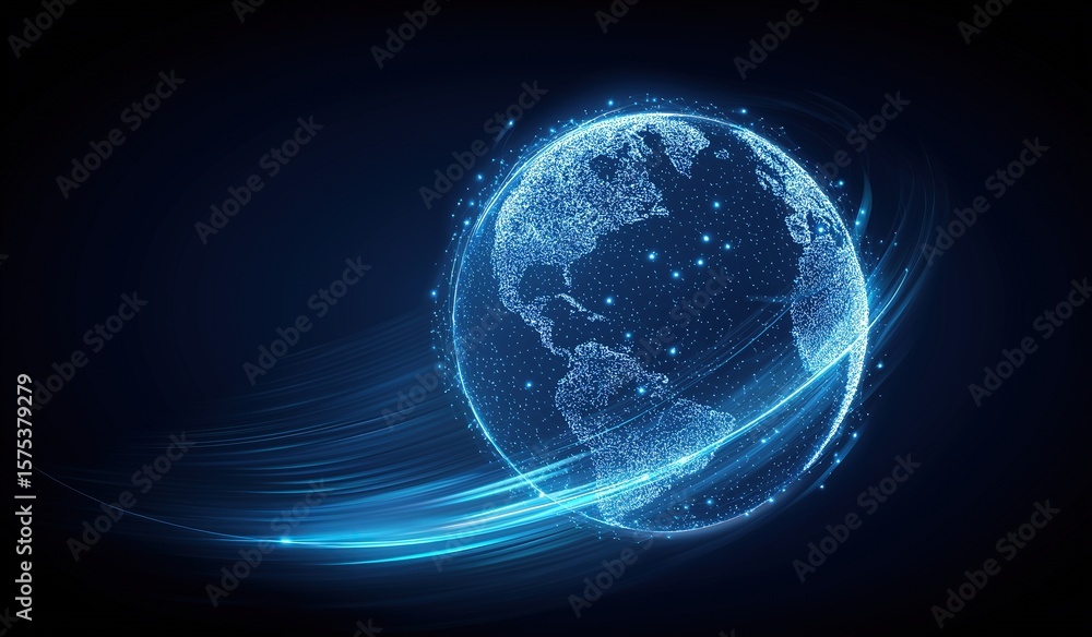 Aufkleber abstract digital planet earth glowing with luminous light effect on dark blue cosmic background symb