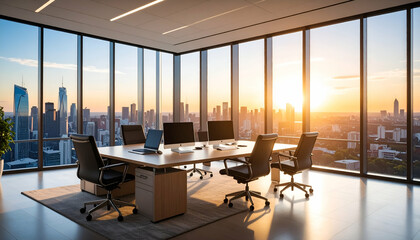 Sunset Cityscape Office Meeting Room.
