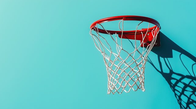 Isolated blue background with focused basketball hoop and net, representing dynamic sports energy and active lifestyle