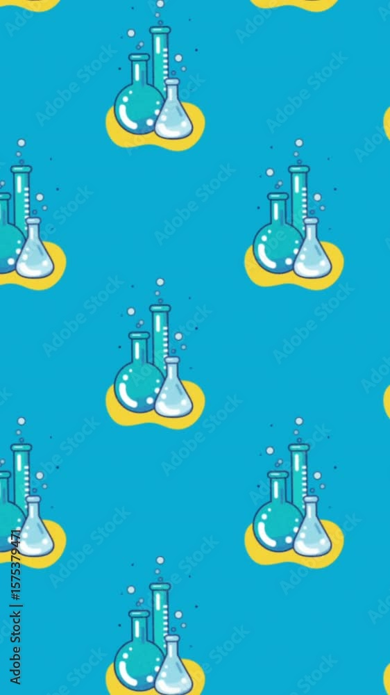 Poster animation of ruler with book over beakers and test-tubs on abstract pattern against blue background