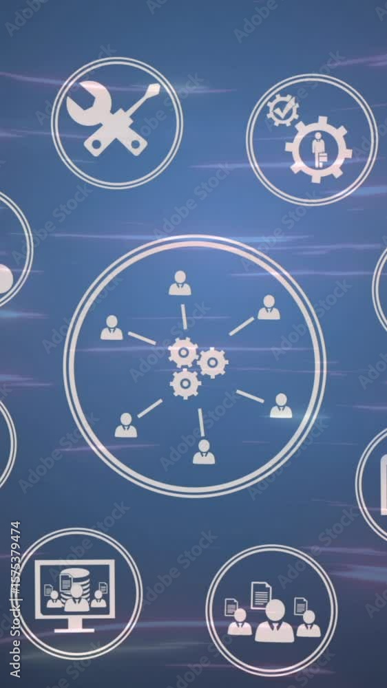 Poster retro web icon set on tech background with hypnotic light trail in a digital video.