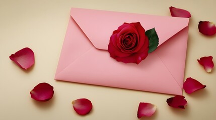 Pink Envelope with Red Rose and Petals: Romantic Love Letter Concept