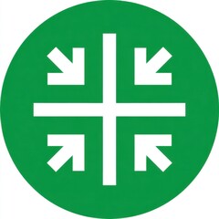 Fototapeta premium Circular green sign with bold white cross-like symbol featuring four inward-pointing arrows, high contrast design, simple and easily noticeable.
