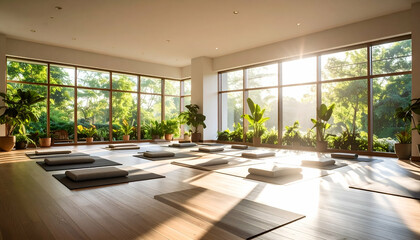 Fototapeta premium Sunlit Yoga Studio with Green View.