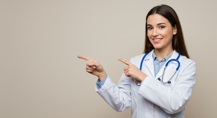 female doctor with professional demeanor, pointing sideways while smiling warmly, dressed in a crisp white coat with a blue stethoscope