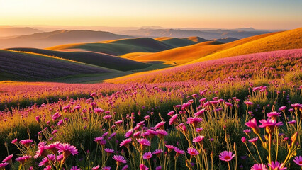Obraz premium Vibrant Sunset Over Rolling Hills and Wildflower Meadow