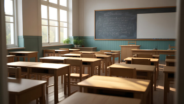 Empty Classroom: Sunlit Wooden Desks, Chalkboard Equations, Serene Morning Atmosphere
