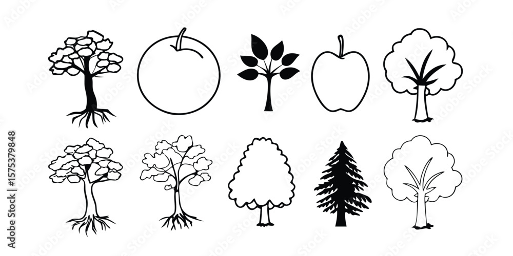 Poster mega set of line tree icons on transparent background