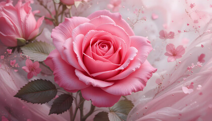 Close-Up of Blooming Pink Rose with Soft Pastel Background – Botanical Still Life Representing Romantic Emotion, Floral Elegance, and Dreamlike Atmosphere