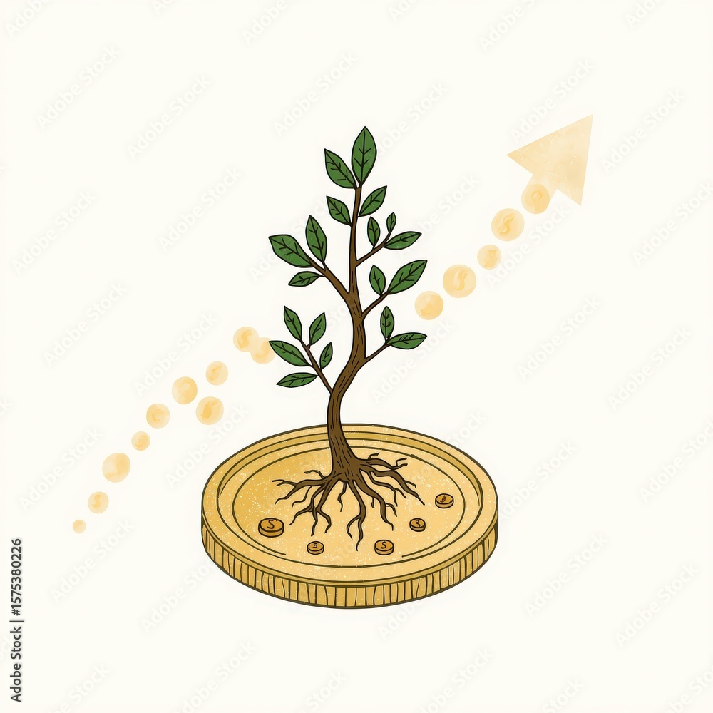 Poster a tree grows from a coin followed by an upward arrow of money