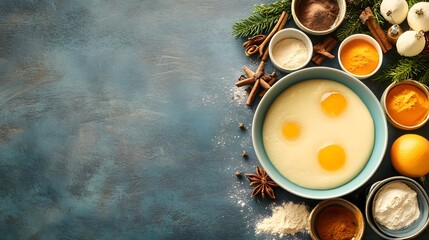 Delicious Christmas Baking Ingredients Flatlay: Festive Spices, Dough, and Citrus