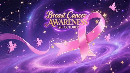 Starry sky pink ribbons and elves represent the dream care of breast cancer prevention and treatment day, and are used for creative public welfare and online promotion scenes.