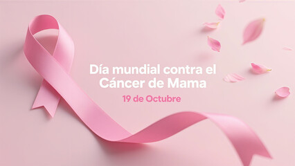 The pink ribbon and Spanish represent the diversified promotion of breast cancer prevention day, which is used for transnational public welfare and cultural exchange scenes.