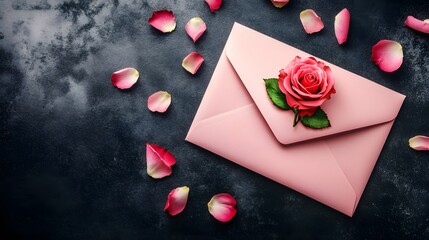 Pink Envelope with Rose and Petals: Romantic Letter Concept