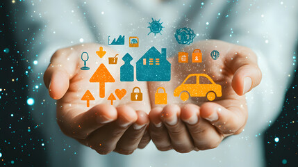 Businessman hand clicks insurance icons to car travel family and life financial and health insurance. Insurance online buy concept