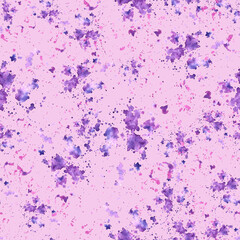Violet, lilac, purple watercolor spots and splashes. Abstract rose blue stains seamless pattern on isolated pink background. Hand painted illustration, summer design for fabric, wrapping paper, cover 