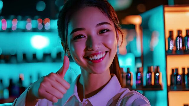 Confident Female Bartender Smiles and Gives Thumbs Up