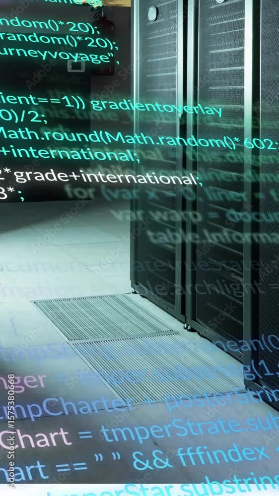 Poster animation of data processing against computer server room