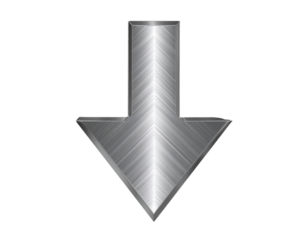 A contemporary brushed metal arrow pointing downwards, depicted with a glossy, reflec  
