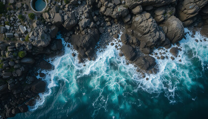 Aerial View of Ocean Waves Crashing on Rocky Coastline with Circular Structure – Abstract Nature Scene Representing Power, Texture, and Coastal Motion