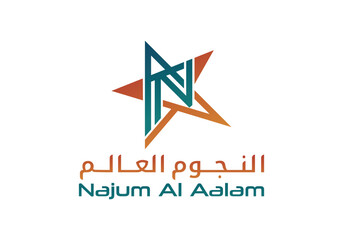Logo Depicting Abstract Star Shape with Arabic and English Text Najum Al Aalam Signifying Stars of the World