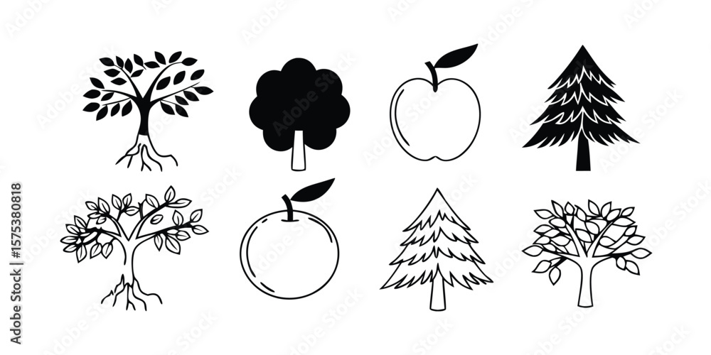Poster mega set of line tree icons on transparent background