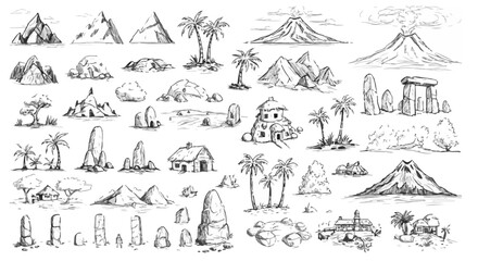 Hand drawn sketch showcases natural elements with volcanoes, islands, huts, trees, and mountains in a detailed pattern
