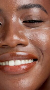 Cream, apply and face of black woman for skincare, facial treatment and anti aging cosmetics. Dermatology, closeup and portrait of person with lotion, spf and moisturizer for hydration, glow or shine