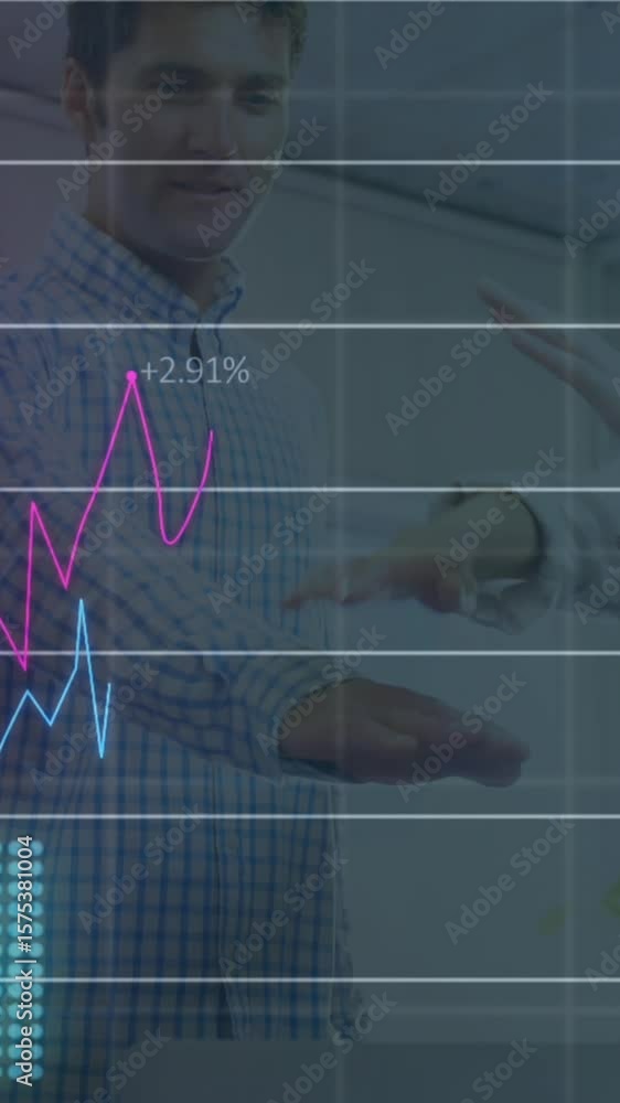 Poster animation of graphs, changing numbers over diverse coworkers discussing and putting hands together