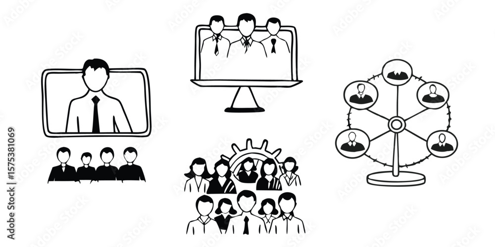 Poster mega set of business and teamwork line icons on transparent background