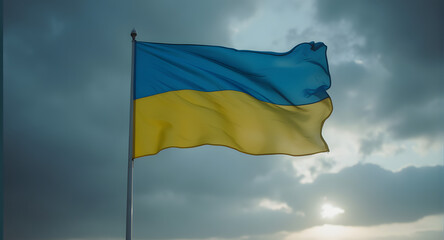 Ukrainian Flag Waving Against Cloudy Sky