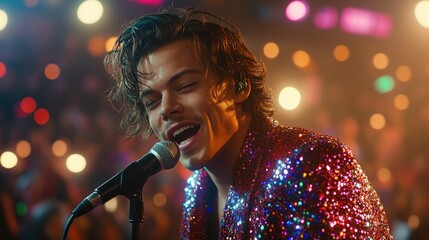 Close-up of a male singer performing on stage, bright lights, sparkly jacket